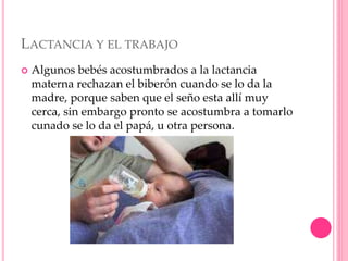 LACTANCIA Y EL TRABAJO
 Algunos bebés acostumbrados a la lactancia
materna rechazan el biberón cuando se lo da la
madre, porque saben que el seño esta allí muy
cerca, sin embargo pronto se acostumbra a tomarlo
cunado se lo da el papá, u otra persona.
 