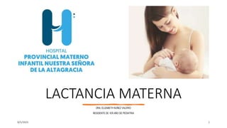 LACTANCIA MATERNA
DRA. ELIZABETH NUÑEZ VALERIO
RESIDENTE DE 1ER AÑO DE PEDIATRIA
8/5/2023 1
 