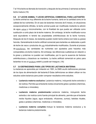23
7 al 14 la leche es llamada de transición y después de las primeras 2 semanas se llama
leche madura (16)
5.6 3.7 LECHE ANIMAL Y LECHE ARTIFICIAL COMERCIAL PARA LACTANTES
La leche animal es muy diferente de la leche humana, tanto en la cantidad como en la
calidad de los nutrientes. En el caso de lactantes menores de 6 meses, en situaciones
excepcionalmente difíciles, la leche animal puede ser modificada mediante la adición
de agua, azúcar y micronutrientes, con la finalidad de que pueda ser utilizada como
sustitución a corto plazo de la leche materna. Sin embargo, la leche modificada nunca
será equivalente ni tendrá las propiedades antiinfecciosas de la leche humana.
Después de los 6 meses, los lactantes pueden recibir leche entera (con toda su grasa)
hervida. Generalmente la leche artificial comercial para lactantes es elaborada a partir
de leche de vaca o productos de soja industrialmente modificados. Durante el proceso
de manufactura, las cantidades de nutrientes son ajustados para hacerlos más
comparables a la leche materna. Sin embargo, las diferencias cualitativas en relación a
la grasa y proteínas no pueden ser modificadas, por lo que la ausencia de factores
antiinfecciosos y bioactivos se mantiene. La leche artificial comercial en polvo para
lactantes no es un producto estéril y puede ser insegura. (16)
5.7 3.8 DEFINICIONES PARA LOS TIPOS DE LACTANCIA MATERNA
La lactancia es aprendida por imitación en 1991, la OMS acuñó definiciones precisas
de los tipos de alimentación del lactante.9 Estas definiciones se deben utilizar en los
estudios sobre lactancia para poder comparar resultados entre estudios.
• Lactancia materna exclusiva: Lactancia materna, incluyendo leche extraída o
de nodriza. Permite que el lactante reciba únicamente gotas o jarabes (vitaminas,
medicinas o minerales).
• Lactancia materna predominante: Lactancia materna, incluyendo leche
extraída o de nodriza como fuente principal de alimento, permite que el lactante
reciba líquidos (agua, agua endulzada, infusiones, zumos), bebidas rituales,
gotas o jarabes (vitaminas, medicinas o minerales).
• Lactancia materna completa: Incluye la lactancia materna exclusiva y la
lactancia materna predominante.
 