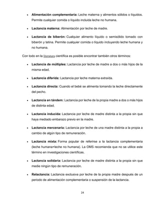 24
• Alimentación complementaria: Leche materna y alimentos sólidos o líquidos.
Permite cualquier comida o líquido incluida leche no humana.
• Lactancia materna: Alimentación por leche de madre.
• Lactancia de biberón: Cualquier alimento líquido o semisólido tomado con
biberón y tetina. Permite cualquier comida o líquido incluyendo leche humana y
no humana.
Con todo en la literatura científica es posible encontrar también otros términos:
• Lactancia de múltiples: Lactancia por leche de madre a dos o más hijos de la
misma edad.
• Lactancia diferida: Lactancia por leche materna extraída.
• Lactancia directa: Cuando el bebé se alimenta tomando la leche directamente
del pecho.
• Lactancia en tándem: Lactancia por leche de la propia madre a dos o más hijos
de distinta edad.
• Lactancia inducida: Lactancia por leche de madre distinta a la propia sin que
haya mediado embarazo previo en la madre.
• Lactancia mercenaria: Lactancia por leche de una madre distinta a la propia a
cambio de algún tipo de remuneración.
• Lactancia mixta: Forma popular de referirse a la lactancia complementaria
(leche humana+leche no humana). La OMS recomienda que no se utilice este
término en investigaciones científicas.
• Lactancia solidaria: Lactancia por leche de madre distinta a la propia sin que
medie ningún tipo de remuneración.
• Relactancia: Lactancia exclusiva por leche de la propia madre después de un
periodo de alimentación complementaria o suspensión de la lactancia.
 