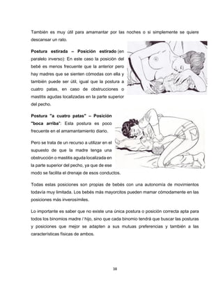 38
También es muy útil para amamantar por las noches o si simplemente se quiere
descansar un rato.
Postura estirada – Posición estirado (en
paralelo inverso): En este caso la posición del
bebé es menos frecuente que la anterior pero
hay madres que se sienten cómodas con ella y
también puede ser útil, igual que la postura a
cuatro patas, en caso de obstrucciones o
mastitis agudas localizadas en la parte superior
del pecho.
Postura "a cuatro patas" – Posición
"boca arriba": Esta postura es poco
frecuente en el amamantamiento diario.
Pero se trata de un recurso a utilizar en el
supuesto de que la madre tenga una
obstrucción o mastitis aguda localizada en
la parte superior del pecho, ya que de ese
modo se facilita el drenaje de esos conductos.
Todas estas posiciones son propias de bebés con una autonomía de movimientos
todavía muy limitada. Los bebés más mayorcitos pueden mamar cómodamente en las
posiciones más inverosímiles.
Lo importante es saber que no existe una única postura o posición correcta apta para
todos los binomios madre / hijo, sino que cada binomio tendrá que buscar las posturas
y posiciones que mejor se adapten a sus mutuas preferencias y también a las
características físicas de ambos.
 