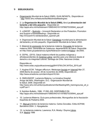 54
9 BIBLIOGRAFIA
• Organización Mundial de la Salud (OMS), GUIA INFANTIL. Disponible en
: http://www.who.int/features/factfiles/breastfeeding/es/.
• 2. La Organización Mundial de la Salud (OMS), libro La alimentación del
lactante y del niño pequeño . Disponible en
http://apps.who.int/iris/bitstream/10665/44310/1/9789275330944_spa.pdf
• 3. «UNICEF – Nutrición – Innocenti Declaration on the Protection, Promotion
and Support of Breastfeeding». Disponible en
http://innocenti15.net/declaration_spanish.pdf.
• 4. Organización Mundial de la Salud: Estrategia mundial para la alimentación
del lactante y el niño pequeño. Organización Mundial de la Salud. 2002.
• 5. Material de promoción de la lactancia materna. Encuesta de lactancia
materna 2005. Generalitat de Catalunya. departamento de Salud. Disponible
en:http://www.grupslactancia.org/es/federacion-catalunya/datos– de-2005.
• 6. CEPAL. (2010). Salud materno-infantil de pueblos indígenas y
afrodescendientes de América Latina: aportes para una relectura desde el
derecho a la integridad cultural. Santiago de Chile: Naciones Unidas.
Disponible en:
http://www.eclac.org/publicaciones/xml/9/41579/LCW.347Oct_2010.pdf
• 7. Hughes ECW. Telogen effluvium. Medscape [revista en Internet] Mar 27,
2009 [fecha de acceso: 28 de noviembre de 2009]. Disponible en:
http://www.emedicine.com/derm/topic416.htm
• 8. OMS/UNICEF. Lactancia Materna. La Iniciativa Hospital
Amigo del Niño. Washington, D.C.: Organización Mundial de
la Salud; 2008. Disponible en
http://www.who.int/nutrition/publications/infantfeeding/bfhi_trainingcourse_s4_e
s.pdf?ua=1
• 9. Nutrition Bulletin, 1996, 17:292–302. DISPONIBLE EN
http://apps.who.int/iris/bitstream/10665/44310/1/9789275330944_spa.pdf
• 10. Lactancia Materna: Guía para profesionales. Monografías de la Asociación
Española de Pediatría 2004.
• 11. Manual práctico de lactancia materna. Carlos González. Edita ACPAM,
Barcelona 2004. 3. Hipogalactia:
• 12. La lactancia materna. Lawrence, R.A. Mosby / Doyma Libros,
S.A. Madrid 1996
 