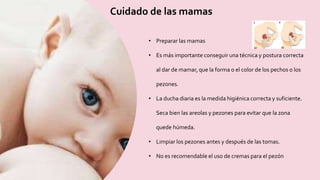 Cuidado de las mamas
• Preparar las mamas
• Es más importante conseguir una técnica y postura correcta
al dar de mamar, que la forma o el color de los pechos o los
pezones.
• La ducha diaria es la medida higiénica correcta y suficiente.
Seca bien las areolas y pezones para evitar que la zona
quede húmeda.
• Limpiar los pezones antes y después de las tomas.
• No es recomendable el uso de cremas para el pezón
 