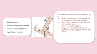 El momento más adecuado para la extracción
es:
● Si sólo mama de un pecho, extraer del
otro (puede ser al mismo tiempo)
● Si no vacía el segundo pecho, vaciarlo
entre toma y toma
● Cuando se salta una toma
● Después de la primera toma de la
mañana, cuando los pechos están más
llenos
 Subida de leche
 Separación temporal del bebé
 Inicio de la actividad laboral
 Ingurgitación mamaria
 