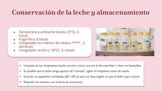 Conservación de la leche y almacenamiento
● Temperatura ambiente (hasta 25ºC): 4
horas
● Frigorífico: 8 horas
● Congelador en interior de nevera */*** : 2
semanas
● Congelador arcón (- 18ºC) : 6 meses
 Limpieza de los recipientes: lavado normal y secar, una vez al día esterilizar o lavar en lavavajillas.
 Es posible que la leche tenga aspecto de “cortada”, agitar el recipiente antes de usarla.
 Guardar en pequeñas cantidades (60–120 cc) para así descongelar lo que el bebé vaya a tomar.
 Etiquetar los envases con la fecha de extracción.
 
