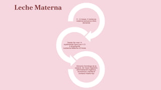 Leche Materna
0 – 6 meses  lactancia
materna exclusiva a libre
demanda
Desde 3er mes 
suplementar hierro por V.O
2-4mg/Kg/día
Lactancia Materna c/3 horas
Alimento Homólogo de la
especie, de mayor digestión,
administración higiénica,
económica y facilita el
contacto madre-hijo
 