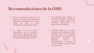 Recomendaciones de la OMS
 Iniciar la lactancia materna en la
primera hora de vida y mantenerla
como único alimento hasta los seis
meses de vida, y como
complemento hasta los dos años.
 Las mujeres que trabajan o
estudian necesitan el apoyo de
su pareja, familia y jefes, para
continuar alimentando a su
bebé con leche materna
 La leche materna es el único
alimento que necesita el bebé.
Contiene todos los nutrientes
para favorecer su crecimiento y
desarrollo, aumenta las
defensas contra las
enfermedades y estrecha el
vínculo de amor entre la madre
y su hijo o hija
 La mujer no es la única
responsable de la lactancia
materna, es importante saber
que el éxito depende del apoyo
constante de la pareja y familia
 