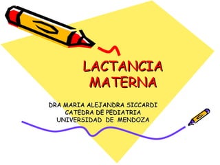 LACTANCIA
MATERNA
DRA MARIA ALEJANDRA SICCARDI
CATEDRA DE PEDIATRIA
UNIVERSIDAD DE MENDOZA

 