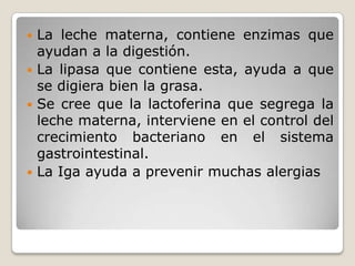 La leche materna, contiene enzimas que ayudan a la digestión.La lipasa que contiene esta, ayuda a que se digiera bien la grasa.Se cree que la lactoferina que segrega la leche materna, interviene en el control del crecimiento bacteriano en el sistema gastrointestinal.La Iga ayuda a prevenir muchas alergias 