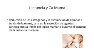 Lactancia y Ca Mama
• Reducción de los estrógenos y la eliminación de líquidos a
través de la mama, esto es, la excreción de agentes
cancerígenos a través del tejido mamario durante el proceso
de la lactancia materna.
 
