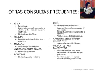 OTRAS CONSULTAS FRECUENTES:
•

ASMA:

•

– Permitidos:
beclometasona, salbutamol, terb
utalina, budesonida, bromuro de
ipratropio.
– Cierto riesgo: teofilina.

•

ALERGIA:
– Evitar los antihistamínicos más
sedantes.

•

MIGRAÑA:
– Cierto riesgo: sumatriptán.

•

ANTICOAGULANTES ORALES:
– Permitido: warfarina.

•

DISLIPEMIA:
– Cierto riesgo: atorvastatina.

•
•

DM-2:
– Primera línea: metformina.
– Segunda línea: sulfonilureas de 2º
generación
(glipizida, glimepiride, gliclazida, g
liburida).
– Vigilar: signos de hipoglucemia.
ANTIGRIPALES (que contengan
pseudoefedrina):
– Suprime la secreción láctea.

PRODUCTOS PARA
DIAGNÓSTICO:
– Poca información pero poca
excrección: cte yodado, cte con
gradolinio.
– Conviene esperar al menos 5
horas hasta la siguiente toma.

Maternidad. Carmen Sasieta

 