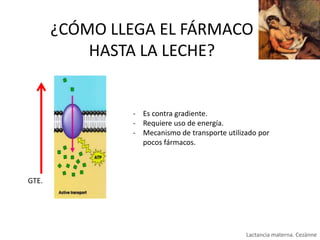 ¿CÓMO LLEGA EL FÁRMACO
HASTA LA LECHE?

- Es contra gradiente.
- Requiere uso de energía.
- Mecanismo de transporte utilizado por
pocos fármacos.

GTE.

Lactancia materna. Cezànne

 