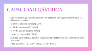 ▪ Generalmente se suele hacer una comparación con algo cotidiano para las
diferentes edades:
▪ el primer día una cereza (5-7ml)
▪ el 3º día una nuez (27-30ml)
▪ el 7º día una ciruela (45-60ml)
▪ 1m es un huevo (80-150ml),
▪ Aunque es variable, y además la capacidad anatómica no es la misma que la
funcional.
▪
 