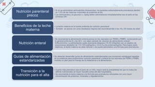 • Si no se administran aminoácidos intravenosos, los lactantes extremadamente prematuros pierden
un 1-2% de las reservas corporales de proteínas al día.
• Los aminoácidos y la glucosa i.v. 2g/kg deben administrarse inmediatamente tras el parto en las
primeras 24h
Nutrición parenteral
precoz
• La leche materna es la fuente preferida de nutrición parenteral
• También se asocia con unos resultados mejores del neurodesarrollo a los 18 y 30 meses de edad
Beneficios de la leche
materna
• Se recomienda la alimentación enteral precoz en los neonatos con PEBN y PMBN, comenzando por
lo general entre las 6 y las 48 h, con algún periodo de volumen de alimentación enteral
trófico/mínimo. La alimentación suele avanzarse despacio (15-30 ml/kg/día) con un objetivo de
proporcionar alrededor de 110-135 kcal/kg/día y 3,5-4,5 g de proteínas/kg/día. Para lograr estos
objetivos, la leche materna se debe reforzar o se puede administrar una fórmula para prematuros.
Nutrición enteral
• Se deberían desarrollar guías de alimentación estandarizadas que incorporen estrategias basadas
en la evidencia para proporcionar nutrición parenteral y enteral en los neonatos de PEBN y PMBN,
incluido un plan para el manejo de la intolerancia a la alimentación.
Guías de alimentación
estandarizadas
• Cuanto más prematuro sea el parto de un niño, mayor será la probabilidad de que no todos los
déficits nutricionales se hayan resuelto antes del alta hospitalaria.
• Se recomienda la leche materna o la fórmula para prematuros reforzadas con una mayor
concentración de proteínas, minerales y oligoelementos
Transición a la
nutrición para el alta
 