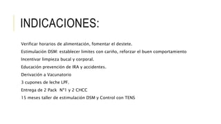INDICACIONES:
Verificar horarios de alimentación, fomentar el destete.
Estimulación DSM: establecer limites con cariño, reforzar el buen comportamiento
Incentivar limpieza bucal y corporal.
Educación prevención de IRA y accidentes.
Derivación a Vacunatorio
3 cupones de leche LPF.
Entrega de 2 Pack Nº1 y 2 CHCC
15 meses taller de estimulación DSM y Control con TENS
 