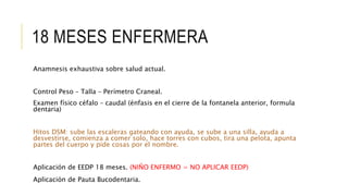 18 MESES ENFERMERA
Anamnesis exhaustiva sobre salud actual.
Control Peso – Talla – Perímetro Craneal.
Examen físico céfalo – caudal (énfasis en el cierre de la fontanela anterior, formula
dentaria)
Hitos DSM: sube las escaleras gateando con ayuda, se sube a una silla, ayuda a
desvestirse, comienza a comer solo, hace torres con cubos, tira una pelota, apunta
partes del cuerpo y pide cosas por el nombre.
Aplicación de EEDP 18 meses. (NIÑO ENFERMO = NO APLICAR EEDP)
Aplicación de Pauta Bucodentaria.
 