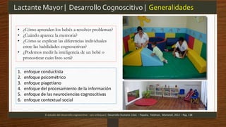 Lactante Mayor | Desarrollo Cognoscitivo | Generalidades
El estudio del desarrollo cognoscitivo : seis enfoques| Desarrollo Humano 12ed. – Papalia, Feldman, Martorell, 2012 – Pag. 138
• ¿Cómo aprenden los bebés a resolver problemas?
• ¿Cuándo aparece la memoria?
• ¿Cómo se explican las diferencias individuales
entre las habilidades cognoscitivas?
• ¿Podemos medir la inteligencia de un bebé o
pronosticar cuán listo será?
1. enfoque conductista
2. enfoque psicométrico
3. enfoque piagetiano
4. enfoque del procesamiento de la información
5. enfoque de las neurociencias cognoscitivas
6. enfoque contextual social
 
