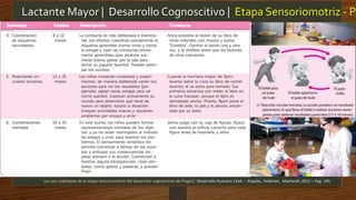 Lactante Mayor | Desarrollo Cognoscitivo | Etapa Sensoriomotriz - P
Las seis subetapas de la etapa sensoriomotriz del desarrollo cognoscitivo de Piaget| Desarrollo Humano 12ed. – Papalia, Feldman, Martorell, 2012 – Pag. 145
 