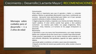 Comunicación:
•Esta edad es importante para que él aprenda a hablar y a entender
palabras. Motive su aprendizaje observando lo que hace y nombrando sus
acciones. Aproveche toda oportunidad para hablar con él (por ejemplo
cuando lo alimenta, lo baña o trabaja cerca de él).
• Hágale preguntas simples y responda a sus intentos de hablar. Motívelo a
repetir palabras. El estar atenta cuando hace gestos o dice palabras
aumentará sus intentos para hablar. Los juegos imaginarios, libros,
canciones, rimas, historias y el turnarse en los juegos enriquecerá su
desarrollo.
Movimiento
• Aprenderá a usar una mano más frecuentemente y con mayor destreza.
Déjele usar cualquiera de las dos manos que su cerebro haya seleccionado.
Puede practicar capacidades con las manos mientras está comiendo o se
está vistiendo, dibujando, hace garabatos, jugando con agua, jugando con
objetos
que puede apilar o combinar y al meter y sacar cosas de recipientes.
• Sáquelo al aire libre de manera que pueda correr, saltar, escalar y hacerse
más fuerte.
Crecimiento y Desarrollo | Lactante Mayor | RECOMENDACIONES - O
Mensajes sobre
cuidados para el
desarrollo – 1 a
2 años de edad
 