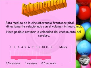 Esta medida de la circunferencia frontooccipital, esta
directamente relacionada con el volumen intracraneal.
Hace posible estimar la velocidad del crecimiento del
cerebro.
1 2 3 4 5 6 7 8 9 10 11 12 Meses
1.5 cm./mes 1 cm./mes 0.5 cm./mes
12 cm./año
 