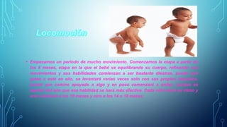• Empezamos un periodo de mucho movimiento. Comenzamos la etapa a partir de 
los 8 meses, etapa en la que el bebé va equilibrando su cuerpo, refinando sus 
movimientos y sus habilidades comienzan a ser bastante diestras, puede que 
gatee o esté en ello, se levantará varias veces solo con sus propios impulsos, 
puede que camine apoyado a algo y en poco comenzará a andar, aunque es 
apartar del año que esa habilidad se hará más efectiva. Cada niño tiene su ritmo y 
uno caminará a los 10 meses y otro a los 14 o 18 meses. 
 
