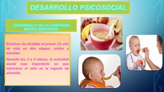Erickson ha dividido el primer (1) año 
de vida en dos etapas: orales y 
sociales. 
Durante los 3 o 4 meses, la actividad 
social mas importante en que 
interviene el niño es la ingesta de 
alimento. 
 