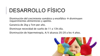 DESARROLLO FÍSICO 
Disminución del crecimiento somático y encefálico  disminuyen 
requerimientos alimenticios y apetito. 
Ganancia de 2kg y 7cm por año. 
Disminuye necesidad de sueño de 11 a 13h/día. 
Disminución de hipermetropía, A/V alcanza 20/20 a los 4 años. 
 