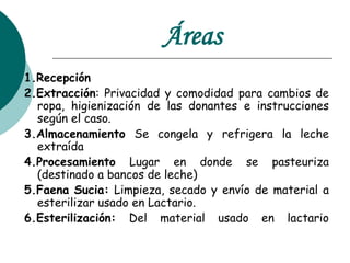 Áreas
1.Recepción
2.Extracción: Privacidad y comodidad para cambios de
ropa, higienización de las donantes e instrucciones
según el caso.
3.Almacenamiento Se congela y refrigera la leche
extraída
4.Procesamiento Lugar en donde se pasteuriza
(destinado a bancos de leche)
5.Faena Sucia: Limpieza, secado y envío de material a
esterilizar usado en Lactario.
6.Esterilización: Del material usado en lactario
 