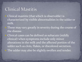 Clinical mastitis (that which is observable) is characterized by visible abnormalities in the udder or milk. <br />These m...