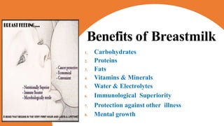 Benefits of Breastmilk
1. Carbohydrates
2. Proteins
3. Fats
4. Vitamins & Minerals
5. Water & Electrolytes
6. Immunological Superiority
7. Protection against other illness
8. Mental growth
 