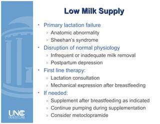 Low Milk SupplyLow Milk Supply
• Primary lactation failure
» Anatomic abnormality
» Sheehan’s syndrome
• Disruption of normal physiology
» Infrequent or inadequate milk removal
» Postpartum depression
• First line therapy:
» Lactation consultation
» Mechanical expression after breastfeeding
• If needed:
» Supplement after breastfeeding as indicated
» Continue pumping during supplementation
» Consider metoclopramide
 