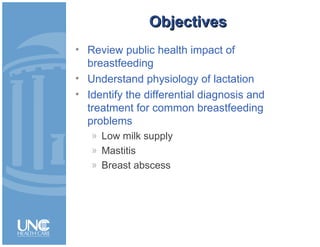 ObjectivesObjectives
• Review public health impact of
breastfeeding
• Understand physiology of lactation
• Identify the differential diagnosis and
treatment for common breastfeeding
problems
» Low milk supply
» Mastitis
» Breast abscess
 