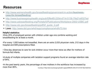 Resources
 http://www.womenshealth.gov/breastfeeding/government-in-action/business-
case-for-breastfeeding/
 http://www.businessgrouphealth.org/pub/f2ffe4f0-2354-d714-5136-79a21e9327ed
 http://www.usbreastfeeding.org/Portals/0/Publications/Workplace-2002-USBC.pdf
 http://www.cdc.gov/breastfeeding/pdf/bf_guide_2.pdf
 Laws: http://www.dol.gov/whd/regs/compliance/whdfs73.htm
Courtesy of http://www.businessgrouphealth.org/pub/f2ffe4f0-2354-d714-5136-79a21e9327ed
Helpful statistics:
•Only 25% of employed women with children under age one combine working and
breastfeeding for at least a month.
•For every 1,000 babies not breastfed, there are an extra 2,033 physician visits, 212 days in the
hospital and 609 prescriptions filled.
• One-day absences to care for sick children occur more than twice as often for mothers of
formula fed infants.
•A study of multiple companies with lactation support programs found an average retention rate
of 94%.
•In the past twenty years, the percentage of new mothers in the workforce has increased by
more than 80%.
 