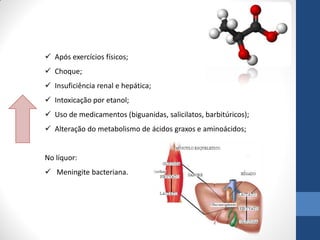  Após exercícios físicos;
 Choque;
 Insuficiência renal e hepática;
 Intoxicação por etanol;
 Uso de medicamentos (biguanidas, salicilatos, barbitúricos);
 Alteração do metabolismo de ácidos graxos e aminoácidos;


No líquor:
 Meningite bacteriana.
 