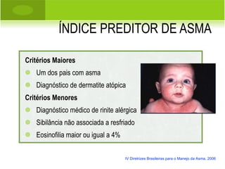 ÍNDICE PREDITOR DE ASMA Critérios Maiores Um dos pais com asma Diagnóstico de dermatite atópica Critérios Menores Diagnóstico médico de rinite alérgica Sibilância não associada a resfriado Eosinofilia maior ou igual a 4% IV Diretrizes Brasileiras para o Manejo da Asma, 2006 