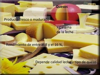 Quesos Producto  fresco o madurado > Caseína de la leche Rendimiento de  entre el 8 y el 16 %, Depende calidad leche y tipo de queso 