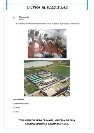 LACTEOS EL BOSQUE S.A.S


6.      Mantequilla
7.      Kumis

     El entorno donde desempeñaremos todas nuestras actividades productivas




RECURSOS

Fruta deshidratada

Cultivos

Leche



       YENSI GALINDO, LEIDY CARVAJAL, MARCELA MEDINA,
             CRISTIAN MARTINEZ, JEISSON MAHECHA.
 