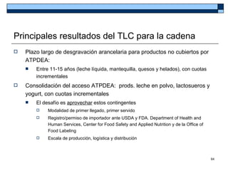 Principales resultados del TLC para la cadena
   Plazo largo de desgravación arancelaria para productos no cubiertos por
    ATPDEA:
       Entre 11-15 años (leche líquida, mantequilla, quesos y helados), con cuotas
        incrementales
   Consolidación del acceso ATPDEA: prods. leche en polvo, lactosueros y
    yogurt, con cuotas incrementales
       El desafío es aprovechar estos contingentes
            Modalidad de primer llegado, primer servido
            Registro/permiso de importador ante USDA y FDA. Department of Health and
             Human Services, Center for Food Safety and Applied Nutrition y de la Office of
             Food Labeling
            Escala de producción, logística y distribución



                                                                                              64
 