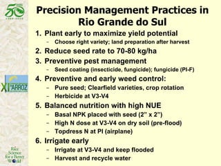 Precision Management Practices in Rio Grande do Sul Plant early to maximize yield potential Choose right variety; land preparation after harvest Reduce seed rate to 70-80 kg/ha Preventive pest management Seed coating (insecticide, fungicide); fungicide (PI-F) Preventive and early weed control: Pure seed; Clearfield varieties, crop rotation Herbicide at V3-V4 Balanced nutrition with high NUE Basal NPK placed with seed (2” x 2”) High N dose at V3-V4 on dry soil (pre-flood) Topdress N at PI (airplane) Irrigate early Irrigate at V3-V4 and keep flooded Harvest and recycle water 