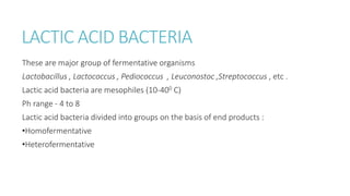 LACTIC ACID BACTERIA
These are major group of fermentative organisms
Lactobacillus , Lactococcus , Pediococcus , Leuconostoc ,Streptococcus , etc .
Lactic acid bacteria are mesophiles (10-400 C)
Ph range - 4 to 8
Lactic acid bacteria divided into groups on the basis of end products :
•Homofermentative
•Heterofermentative
 