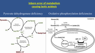 Pyruvate dehydrogenase deficiency
Inborn error of metabolism
causing lactic acidosis
Oxidative phosphorylation deficiencies
21
 