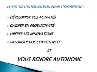 L’INTERVENANT EN ENTREPRISEIl est Co engagé aux côtés du chef d’entreprise pour faireappliquer LE TERNAIRE  du fonctionnement d’une entité :Le Politique qui conceptualise le « JE VEUX »