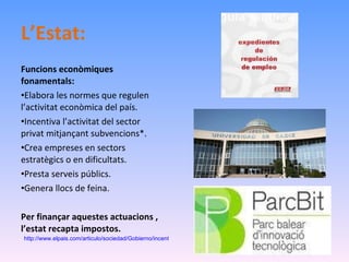 L’Estat:  Funcions econòmiques fonamentals: Elabora les normes que regulen l’activitat econòmica del país. Incentiva l’activitat del sector privat mitjançant subvencions*. Crea empreses en sectors estratègics o en dificultats. Presta serveis públics. Genera llocs de feina. Per finançar aquestes actuacions , l’estat recapta impostos. http://www.elpais.com/articulo/sociedad/Gobierno/incentivara/inversion/privada/campus/elpepisoc/20080829elpepisoc_2/Tes 