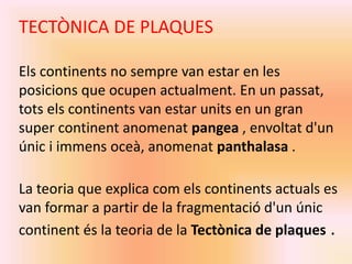 TECTÒNICA DE PLAQUES 
Els continents no sempre van estar en les 
posicions que ocupen actualment. En un passat, 
tots els continents van estar units en un gran 
super continent anomenat pangea , envoltat d'un 
únic i immens oceà, anomenat panthalasa . 
La teoria que explica com els continents actuals es 
van formar a partir de la fragmentació d'un únic 
continent és la teoria de la Tectònica de plaques . 
 