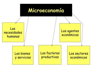 Microeconomía
Las
necesidades
humanas

Los bienes
y servicios

Los agentes
económicos

Los factores
productivos

Los sectores
económicos

 