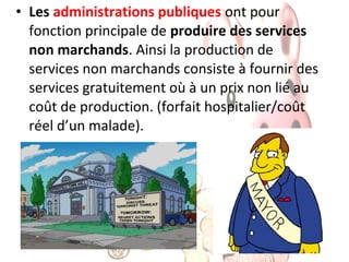 • Les administrations publiques ont pour
fonction principale de produire des services
non marchands. Ainsi la production de
services non marchands consiste à fournir des
services gratuitement où à un prix non lié au
coût de production. (forfait hospitalier/coût
réel d’un malade).

 