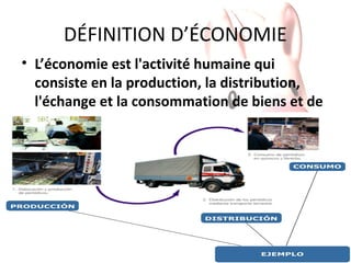 DÉFINITION D’ÉCONOMIE
• L’économie est l'activité humaine qui
consiste en la production, la distribution,
l'échange et la consommation de biens et de
services.

 
