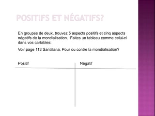En groupes de deux, trouvez 5 aspects positifs et cinq aspects
négatifs de la mondialisation. Faites un tableau comme celui-ci
dans vos cartables:
Voir page 113 Santillana. Pour ou contre la mondialisation?
Positif Négatif
 