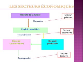 Produits de la nature
Produits semi-finis
Biens de
consommation
Biens de
production
Extraction
Transformation
Consommation
Secteur
primaire
Secteur
secondaire
Secteur
tertiaire
 