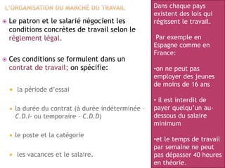  Le patron et le salarié négocient les
conditions concrètes de travail selon le
règlement légal.
 Ces conditions se formulent dans un
contrat de travail; on spécifie:
 la période d’essai
 la durée du contrat (à durée indéterminée –
C.D.I- ou temporaire – C.D.D)
 le poste et la catégorie
 les vacances et le salaire.
Dans chaque pays
existent des lois qui
régissent le travail.
Par exemple en
Espagne comme en
France:
•on ne peut pas
employer des jeunes
de moins de 16 ans
• il est interdit de
payer quelqu’un au-
dessous du salaire
minimum
•et le temps de travail
par semaine ne peut
pas dépasser 40 heures
en théorie.
 